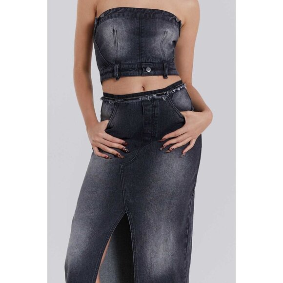 Jaded London Liberty 2 in 1 Detachable Denim Midi Dress in Black - Picture 2 of 7